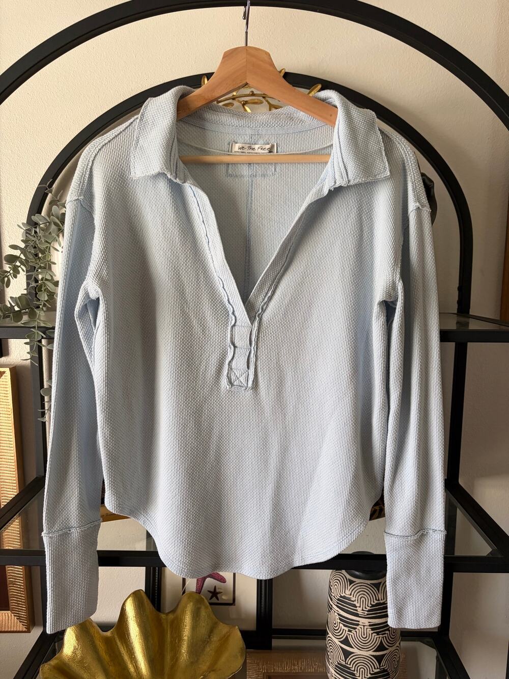 Free People We The Free Anakin Thermal Top Women XS Blue Collared Waffle Knit